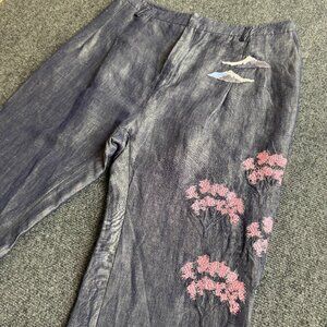Piera Pischedda Silk Japaneese Embroidery Cropped Blue Women's Pants L